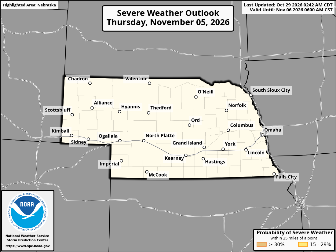Original SPC partner Day 8 outlook map for Nebraska, including its printed dates and legend. State context for Hastings.
