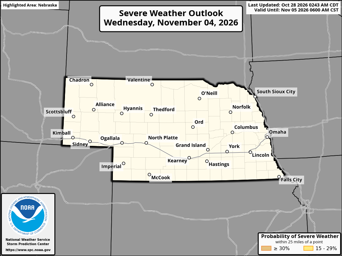 Original SPC partner Day 8 outlook map for Nebraska, including its printed dates and legend.