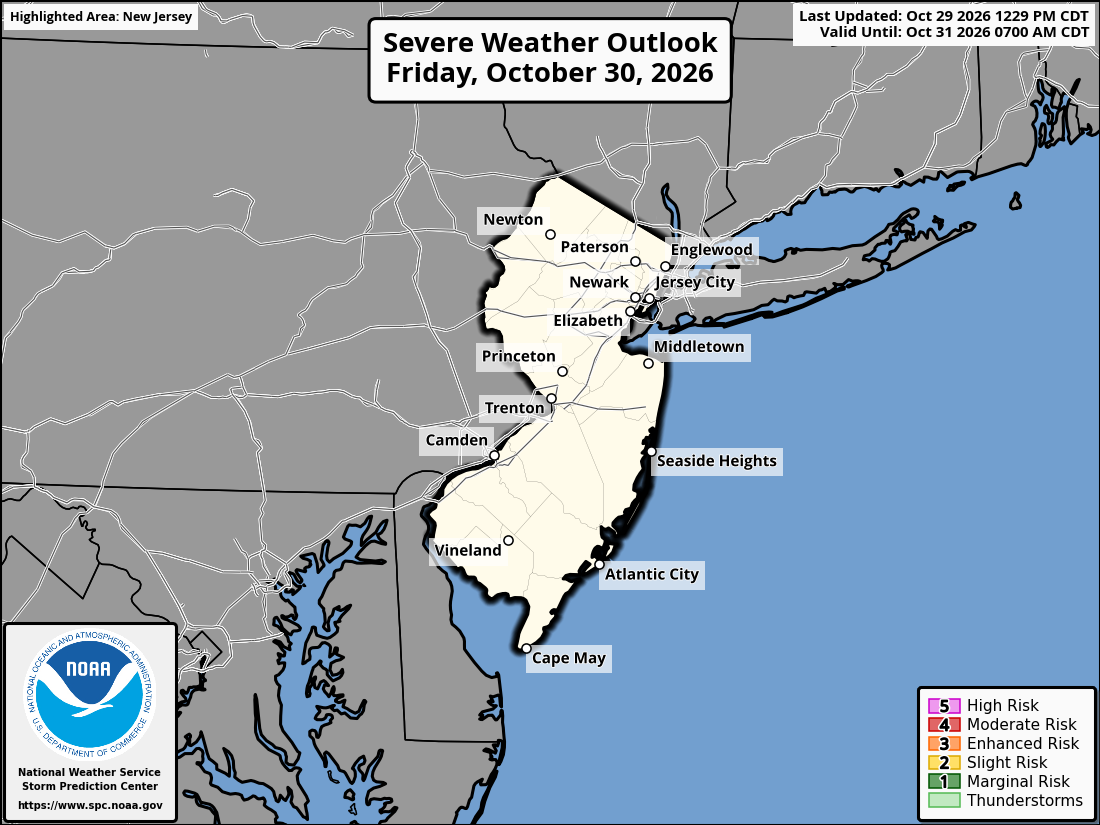 Original SPC partner Day 2 outlook map for New Jersey, including its printed dates and legend. State context for Elizabeth.