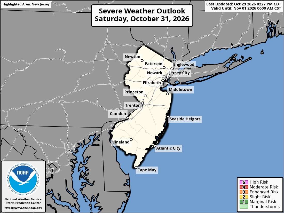 Original SPC partner Day 3 outlook map for New Jersey, including its printed dates and legend. State context for Elizabeth.