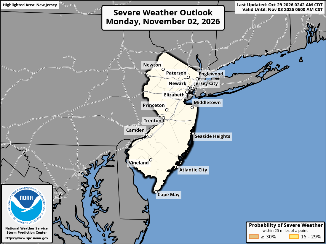 Original SPC partner Day 5 outlook map for New Jersey, including its printed dates and legend. State context for Elizabeth.