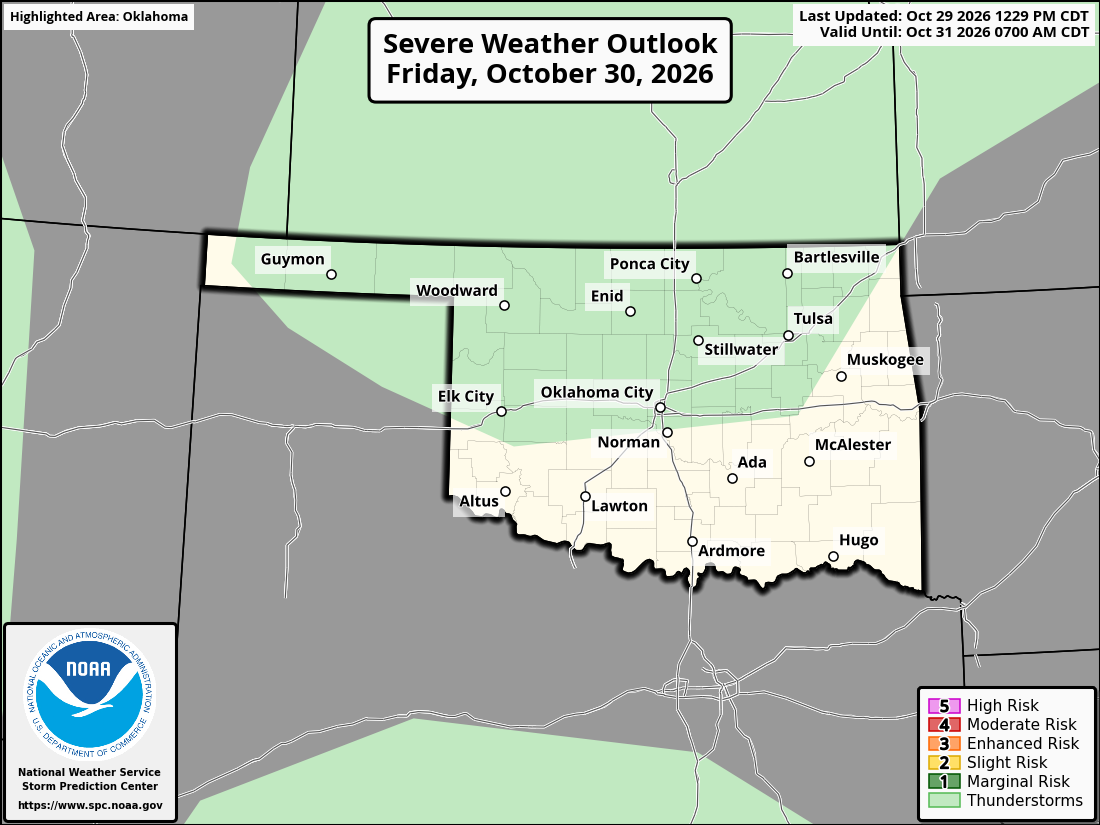 Original SPC partner Day 2 outlook map for Oklahoma, including its printed dates and legend. State context for Atoka.