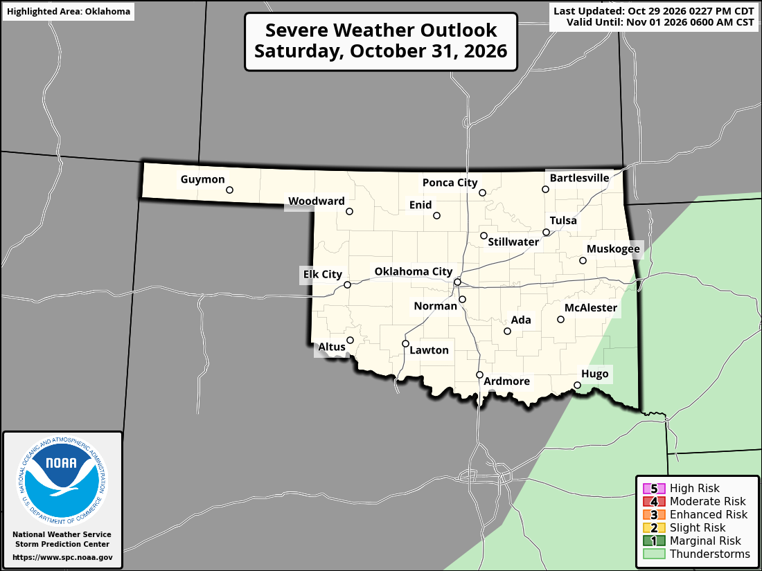 Original SPC partner Day 3 outlook map for Oklahoma, including its printed dates and legend. State context for Atoka.
