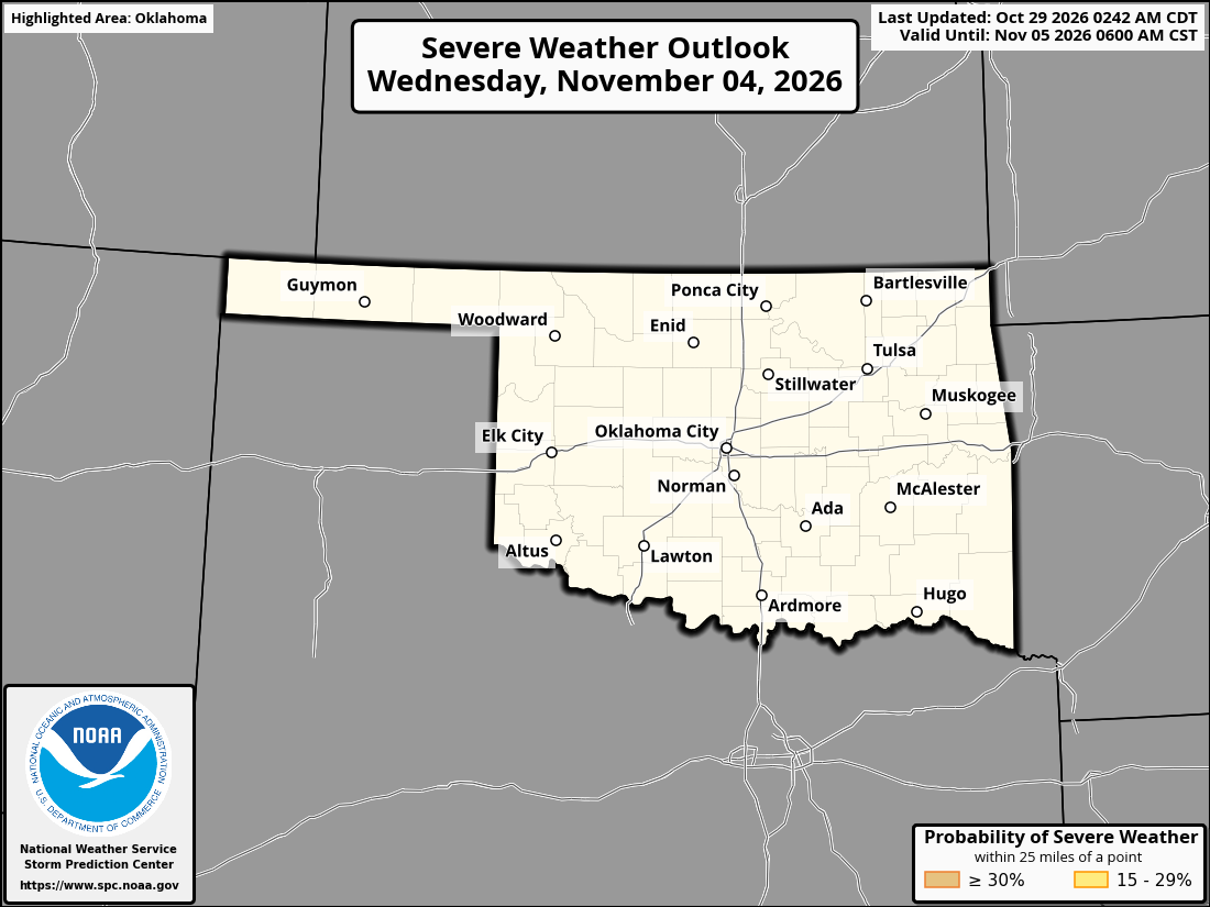 Original SPC partner Day 7 outlook map for Oklahoma, including its printed dates and legend. State context for Atoka.