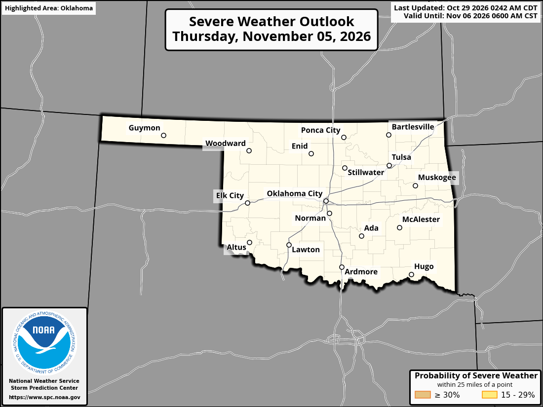 Original SPC partner Day 8 outlook map for Oklahoma, including its printed dates and legend. State context for Atoka.