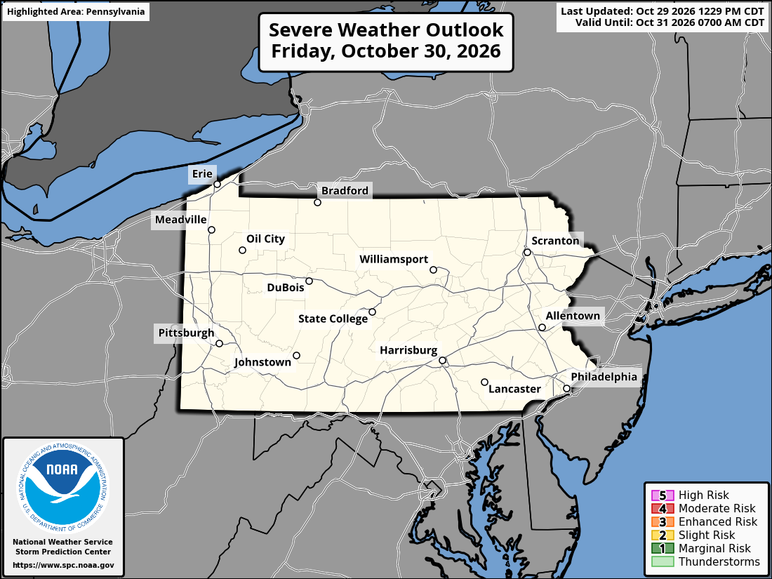 Original SPC partner Day 2 outlook map for Pennsylvania, including its printed dates and legend. State context for Pittsburgh.