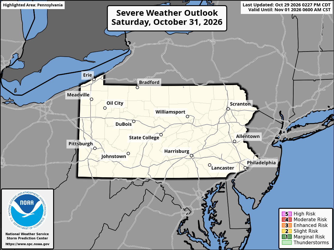 Original SPC partner Day 3 outlook map for Pennsylvania, including its printed dates and legend. State context for Pittsburgh.