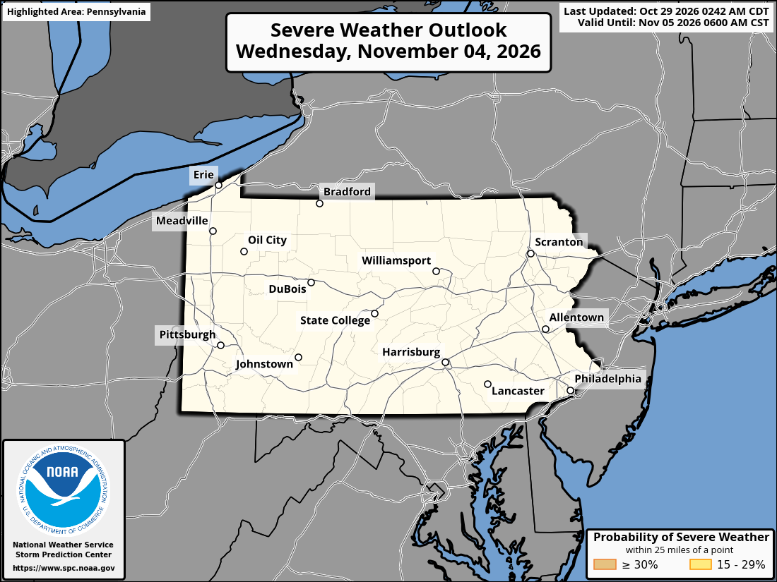 Original SPC partner Day 7 outlook map for Pennsylvania, including its printed dates and legend. State context for Pittsburgh.