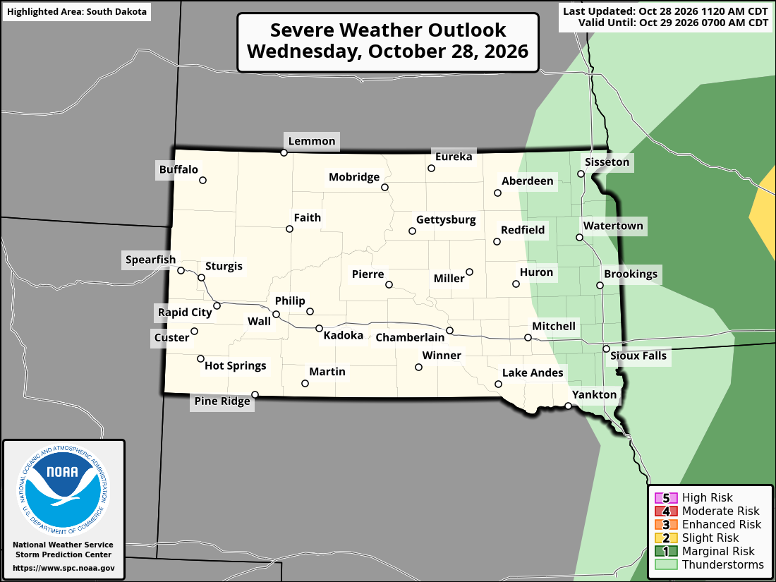 Original SPC partner Day 1 outlook map for South Dakota, including its printed dates and legend.