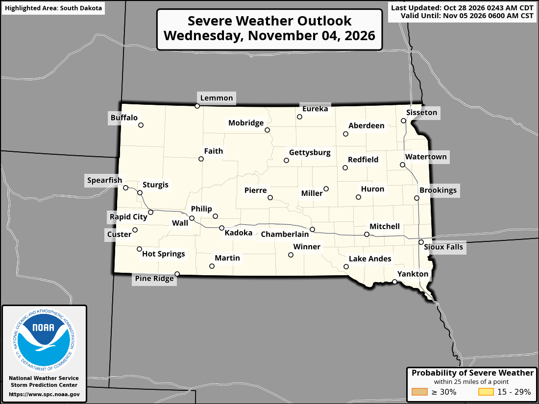 Original SPC partner Day 8 outlook map for South Dakota, including its printed dates and legend.