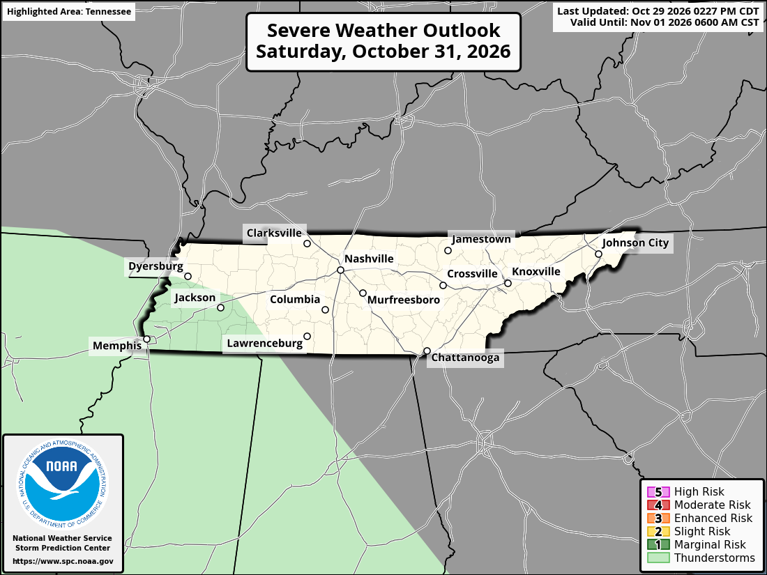 Original SPC partner Day 3 outlook map for Tennessee, including its printed dates and legend. State context for Bristol.