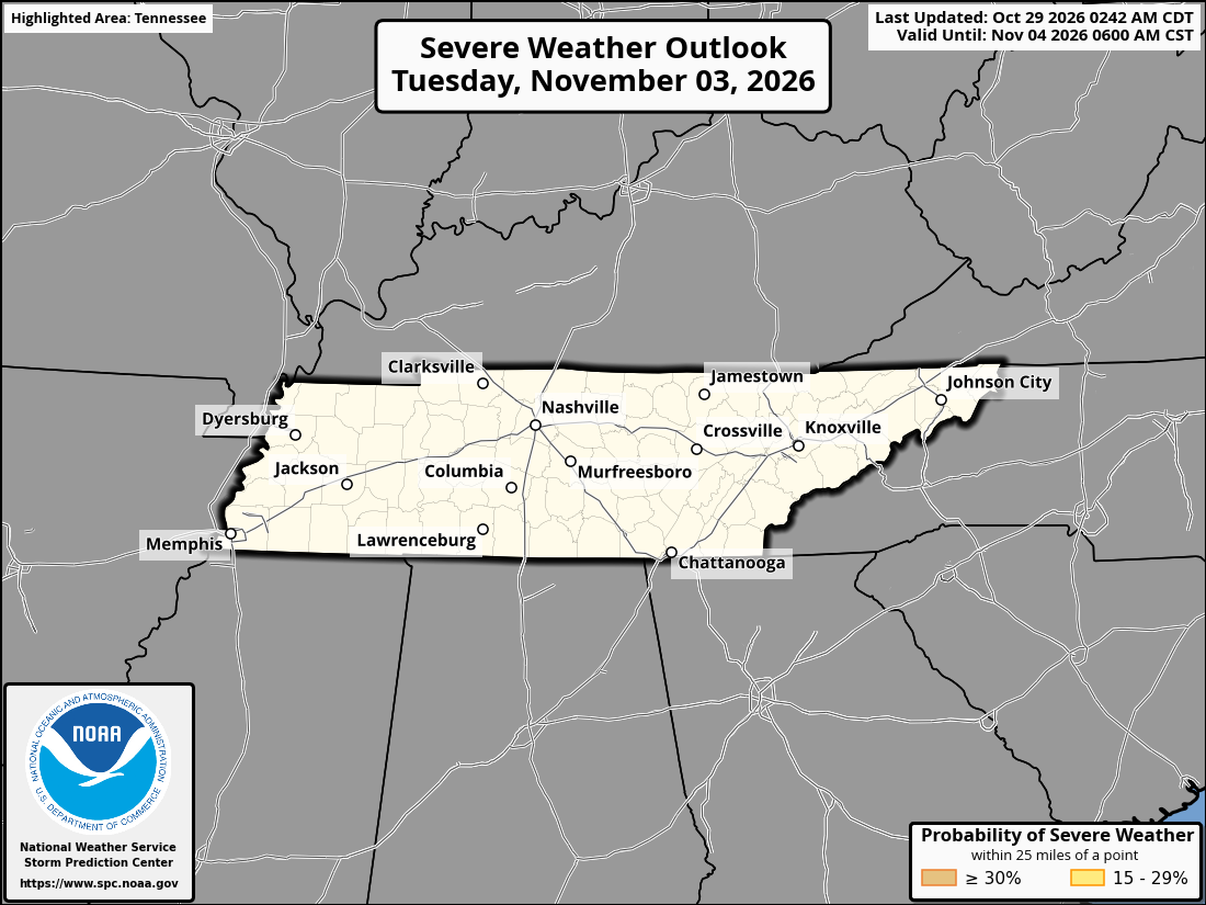 Original SPC partner Day 6 outlook map for Tennessee, including its printed dates and legend. State context for Bristol.