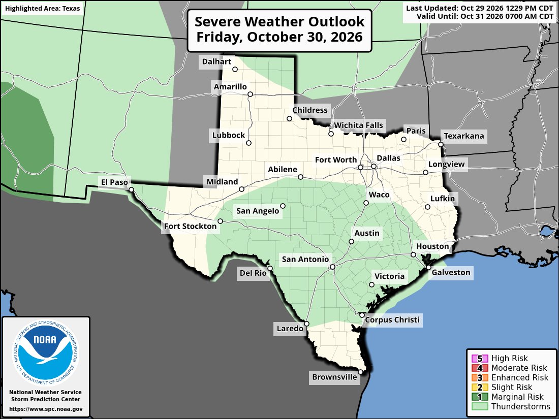 Original SPC partner Day 2 outlook map for Texas, including its printed dates and legend. State context for Arlington.