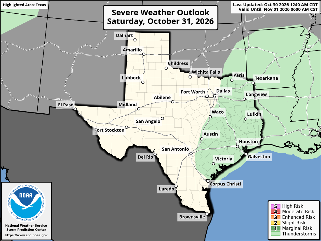 Original SPC partner Day 2 outlook map for Texas, including its printed dates and legend.