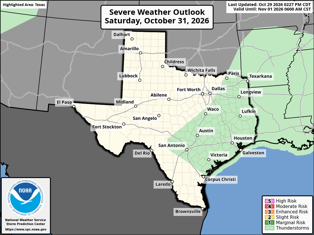 Original SPC partner Day 3 outlook map for Texas, including its printed dates and legend. State context for Arlington.