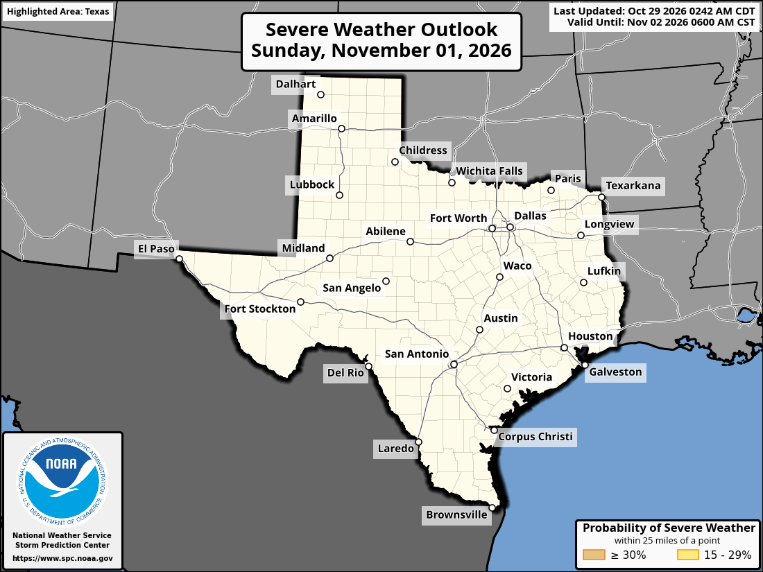 Original SPC partner Day 4 outlook map for Texas, including its printed dates and legend. State context for Arlington.