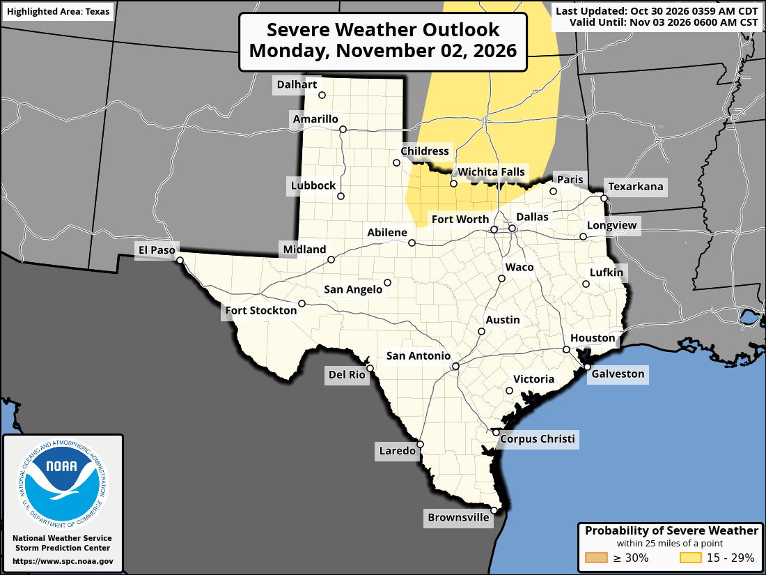 Original SPC partner Day 4 outlook map for Texas, including its printed dates and legend.