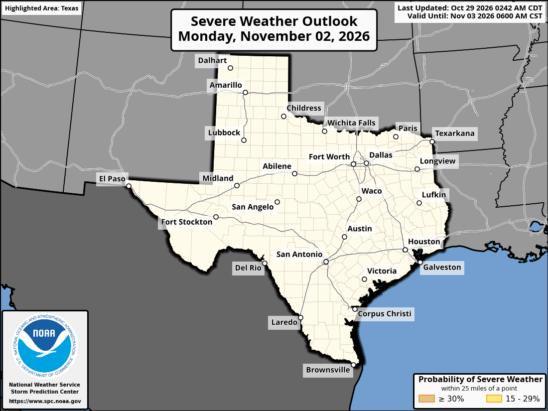 Original SPC partner Day 5 outlook map for Texas, including its printed dates and legend. State context for Arlington.
