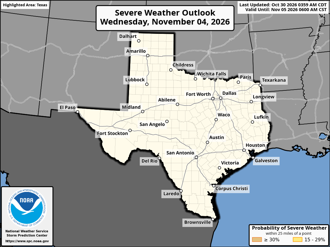 Original SPC partner Day 6 outlook map for Texas, including its printed dates and legend.