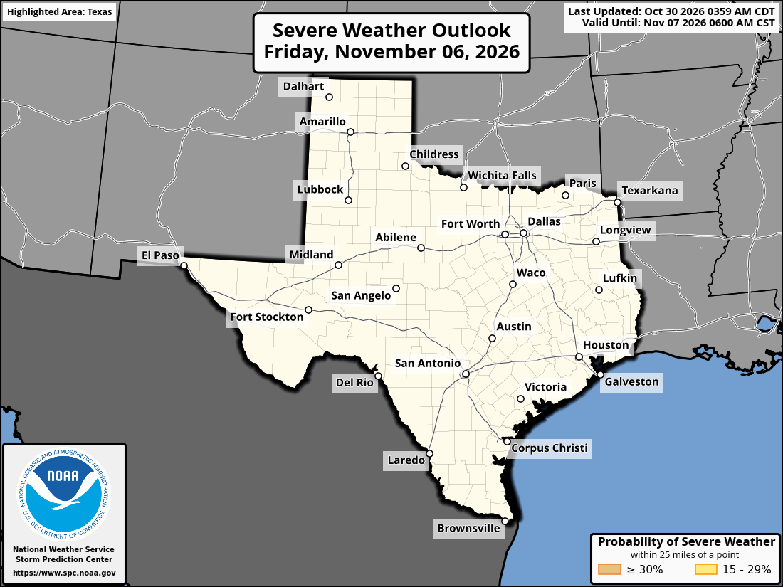 Original SPC partner Day 8 outlook map for Texas, including its printed dates and legend.