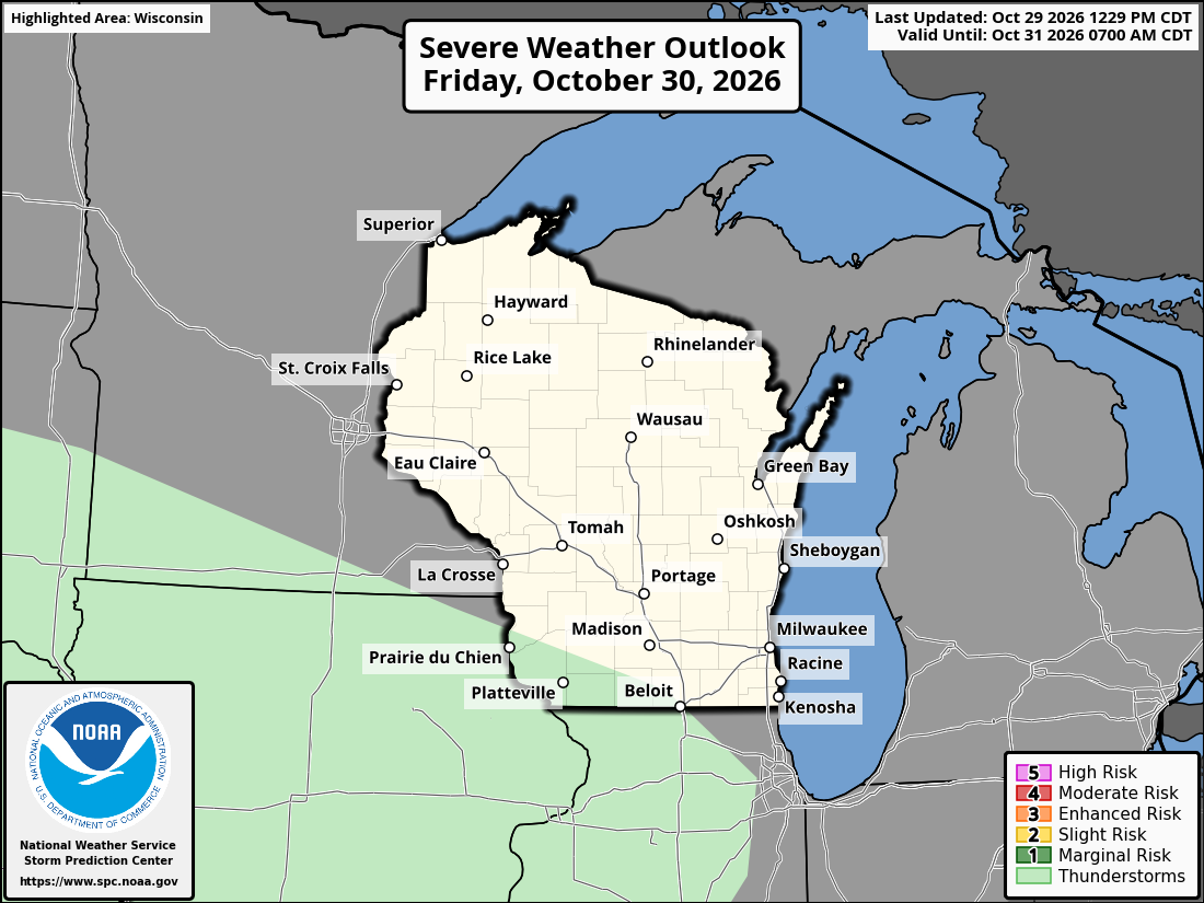 Original SPC partner Day 2 outlook map for Wisconsin, including its printed dates and legend. State context for Milwaukee.