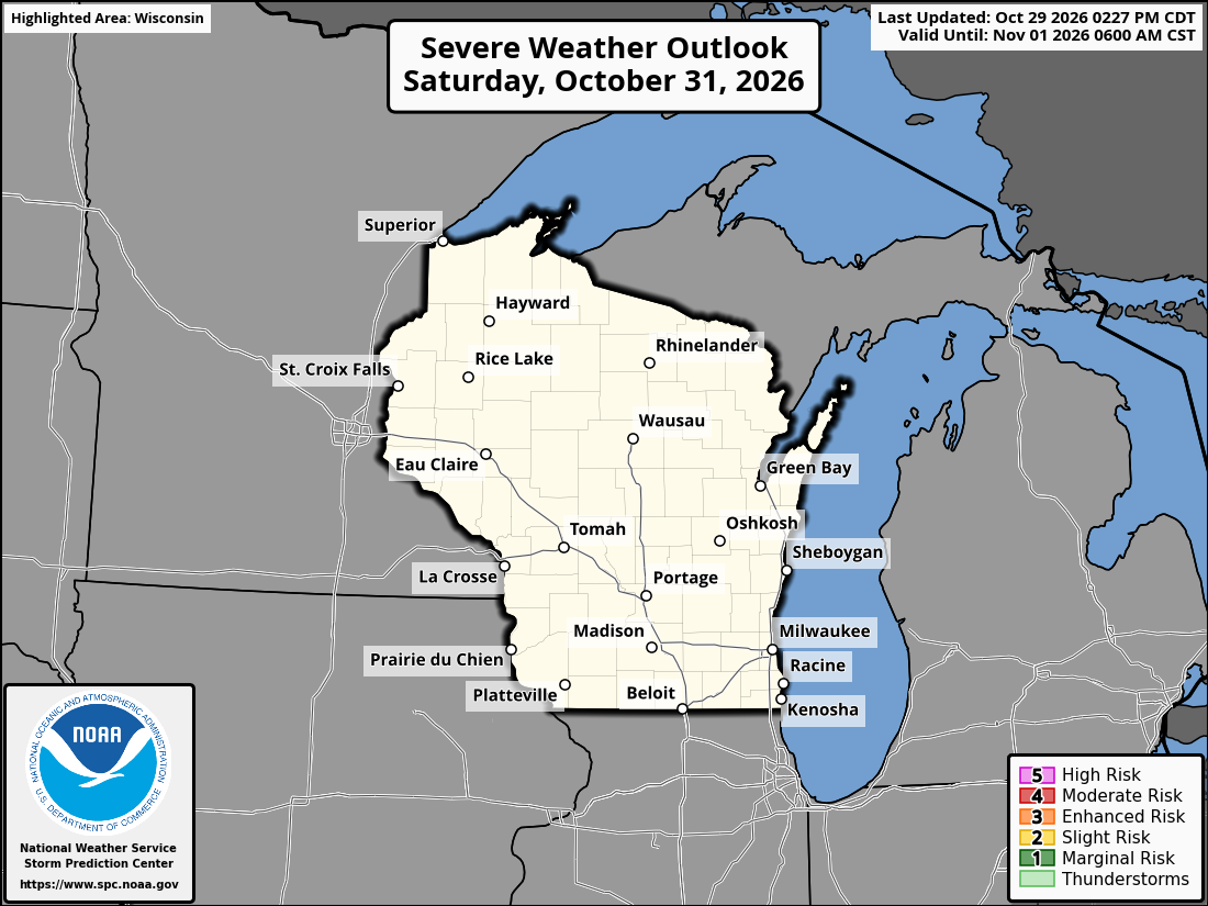 Original SPC partner Day 3 outlook map for Wisconsin, including its printed dates and legend. State context for Milwaukee.