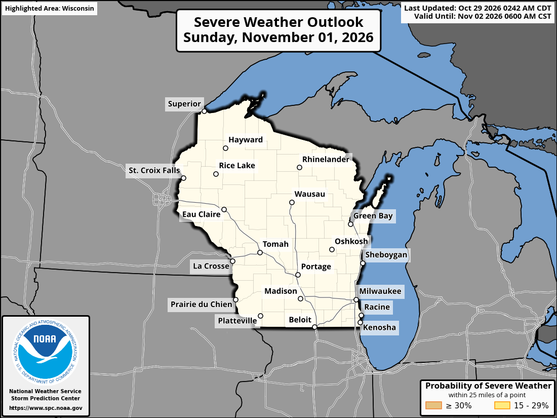 Original SPC partner Day 4 outlook map for Wisconsin, including its printed dates and legend. State context for Milwaukee.
