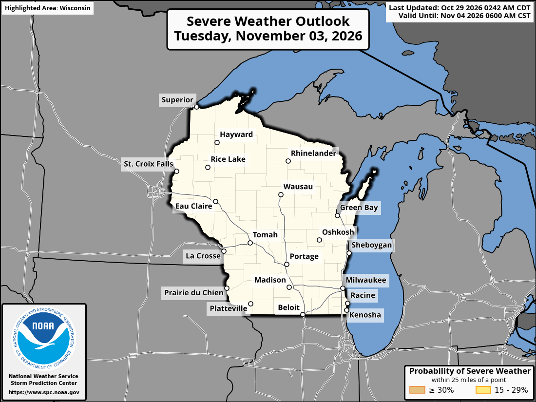 Original SPC partner Day 6 outlook map for Wisconsin, including its printed dates and legend. State context for Milwaukee.